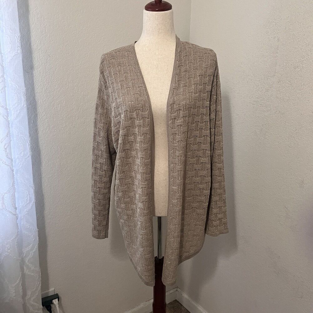 Chico’s Travelers Womens Cardigan Sweater Size 2 (large) Textured Metallic Beige